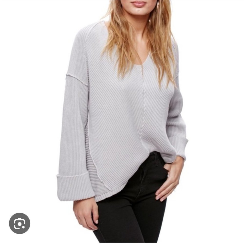 Free People La Brea V Neck Oversized Cotten Ribbed Knit Sweater - Picture 2 of 16